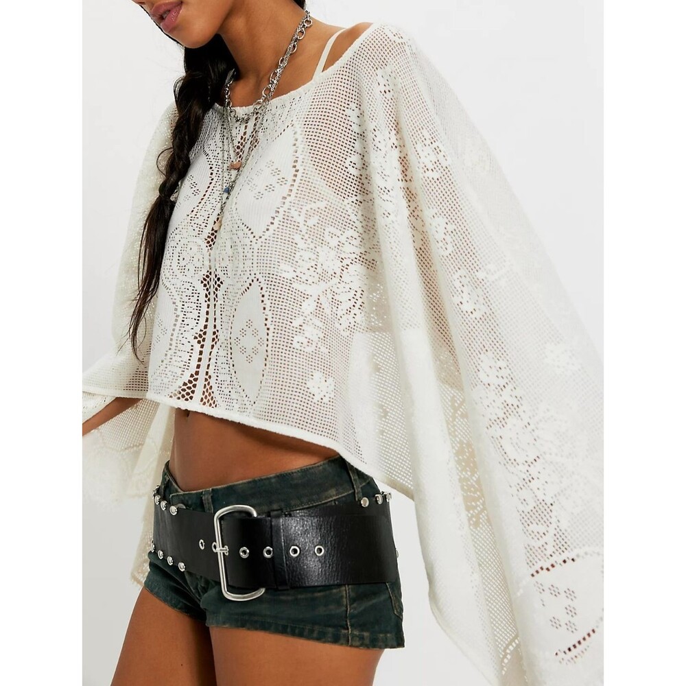 Free People Elsa Poncho Cropped Top Sheer Crochet Lace Draped Ivory OS 290933
